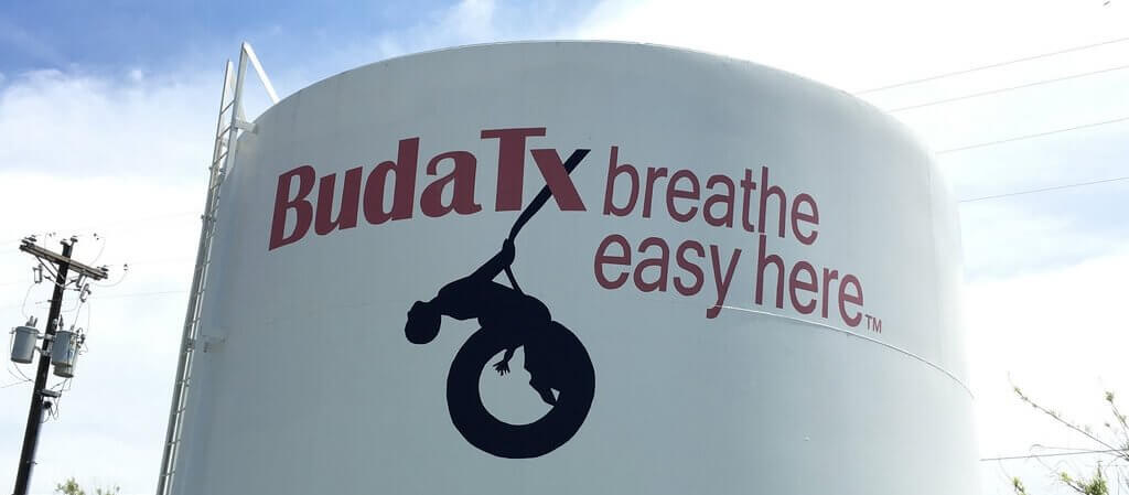 Buda, Texas. "Breathe easy here" motto